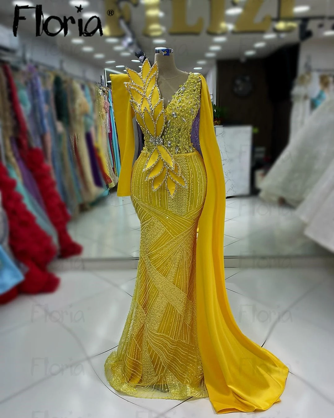 Abendkleider vestido de noche amarillo, manga larga, capa 3D, flor en forma de hoja, invitados de boda, vestidos de graduación, vestido Formal para ocasiones, personalizado