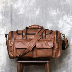 Vintage Large Capacity Men's Top Layer Cowhide Travel Bag Genuine Leather Crossbody Bag Hand-Held Short Distance Luggage Bag