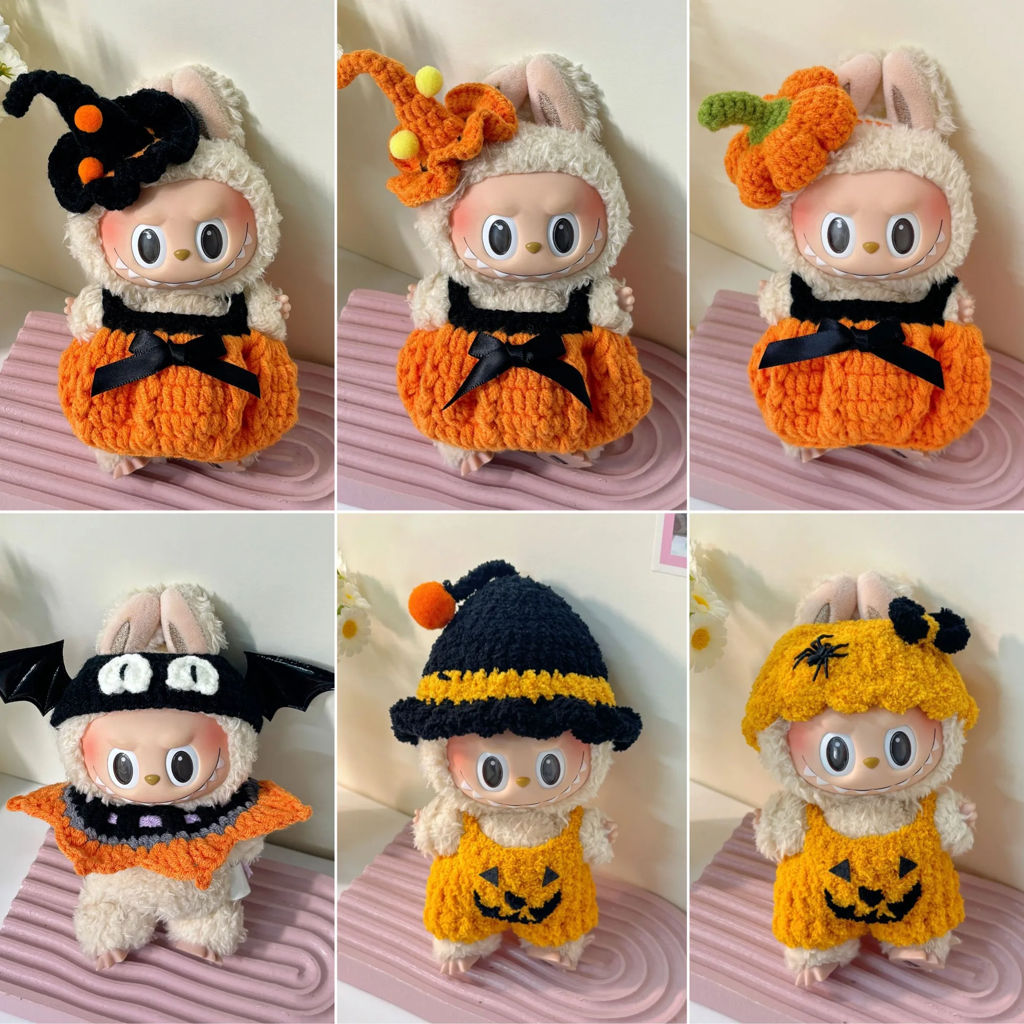 

15/17Cm Adorable Labubu 1st-3rd Gen Outfit Accessories Halloween Themed Party Handmade Crochet Clothes Pumpkin Bat Witch Styles