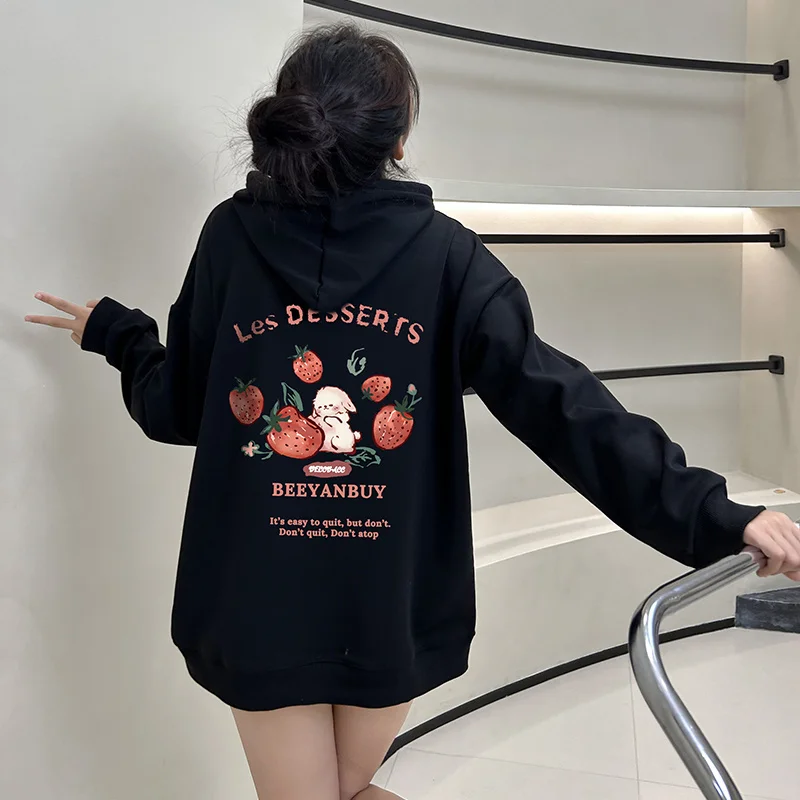 

American Rabbit Strawberry Print Women Men Hoodies Autumn Winter Fleece 600g Cotton High Quality Hooded Pullover Sweatshirt Tops