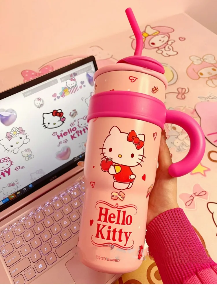 1200Ml Hello Kitty Large Capacity Straw Thermos Cup Sanrio Cute Insulated Water Bottle My Melody Cartoon Children Stainless Cup