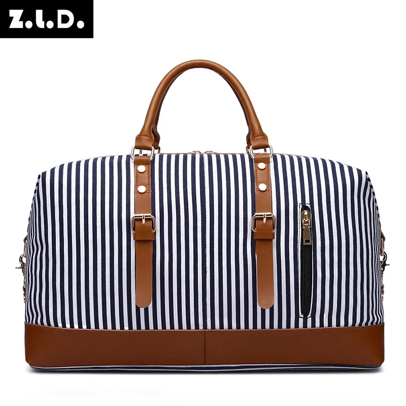 ZUOLUNDUO Women Canvas Travel Bags Striped Travel Tote Large capacity Carry On Luggage Handbags Canvas Handbag Woman Travel bags