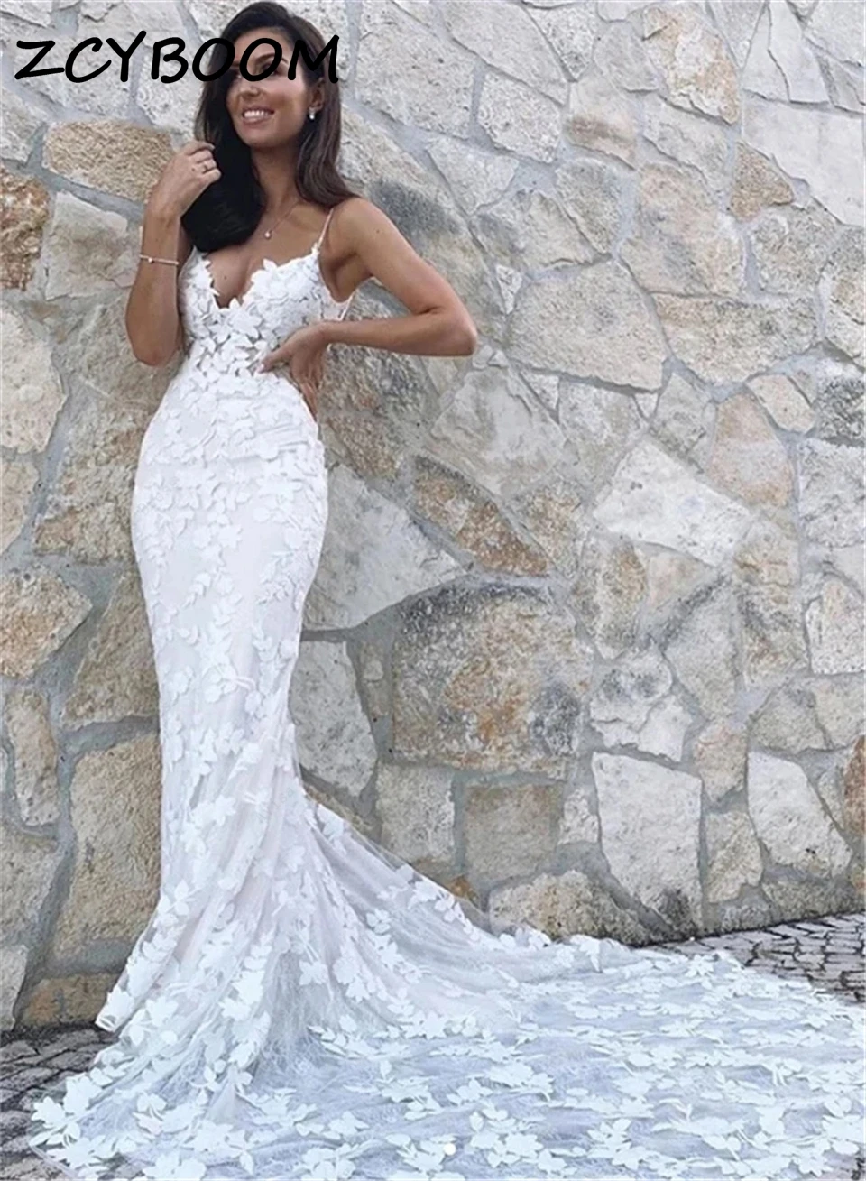 

Sexy Appliques Spaghetti Strap V-neck Backless Mermaid Wedding Dresses For Women Court Train 2024 Bridal Gowns Vestido De Noiva