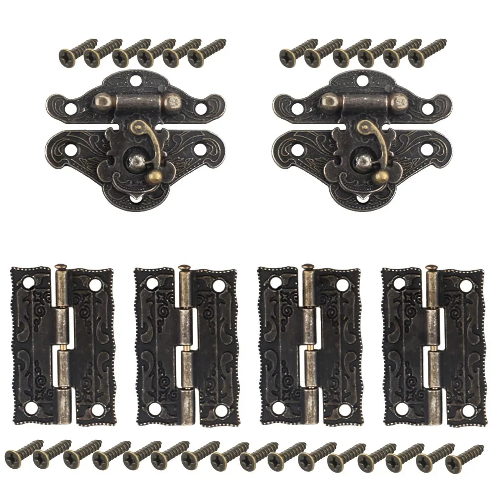 6pcs Antique Bronze Cabinet Door Hinge For DIY Box Furniture Hinges With Screws Wooden Box Latch Hasp Furniture Hardware