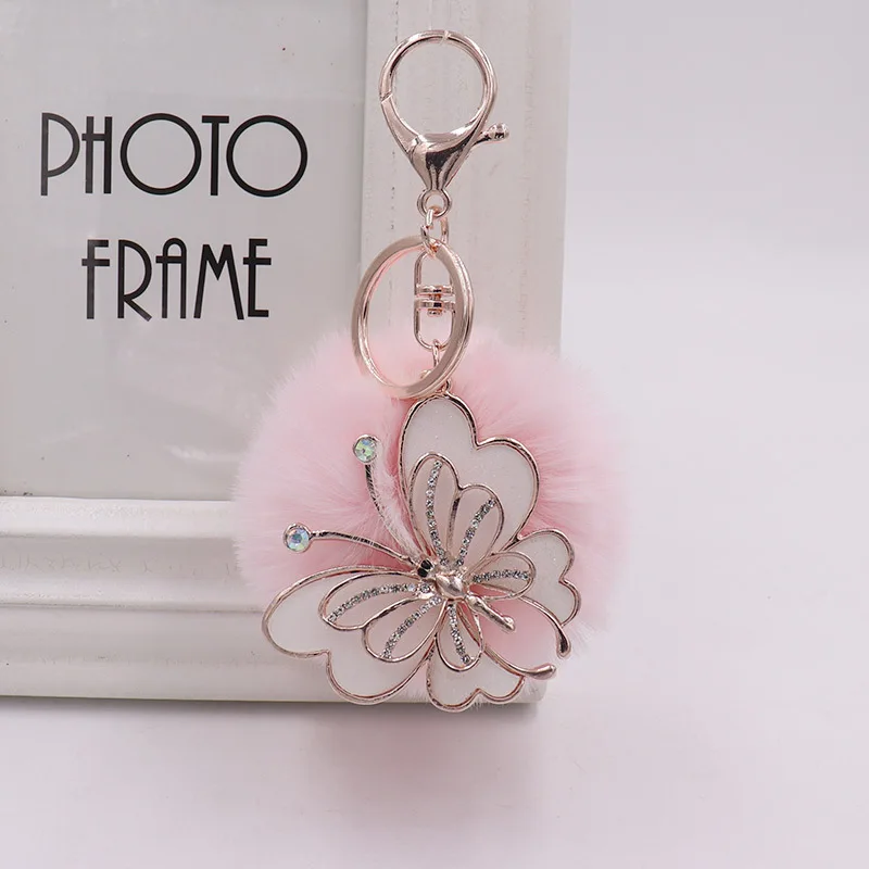 Fluffy Butterfly Plush Keychain Fashion Alloy Pendant Women Luxury Pompom Key Chain Accessories Bag Decoration Jewelry Gifts