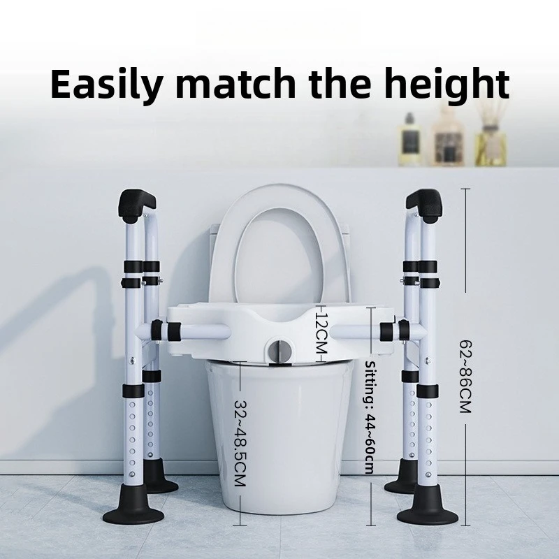 ‌No Drill Toilet Riser Seat with Pads 14Level Adjustable Commode Chair Standing Aid Handrail Support Squat Converter Safety Tool