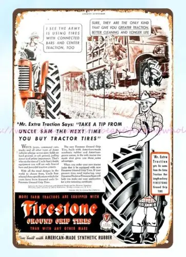 modern home kitchen art 1943 Firestone farm tractor tires metal tin sign