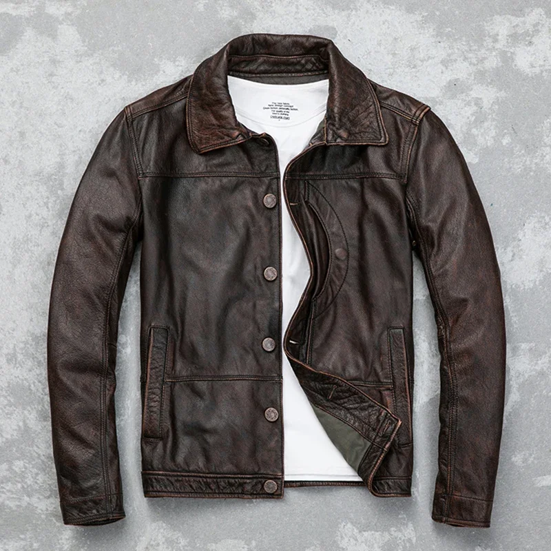 

Top Layer Cowhide Jacket Vintage Distressed Luxury Made of Genuine Leather Jackets High Quality Lapel Classic Jacket