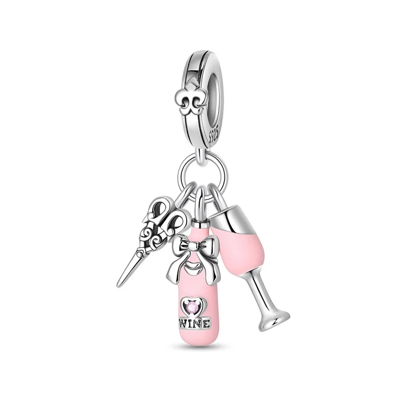 925 Sterling Silver Exquisite French Wine Glass Charms Pendant Fit Original Bracelet DIY Women Party Jewelry Gift