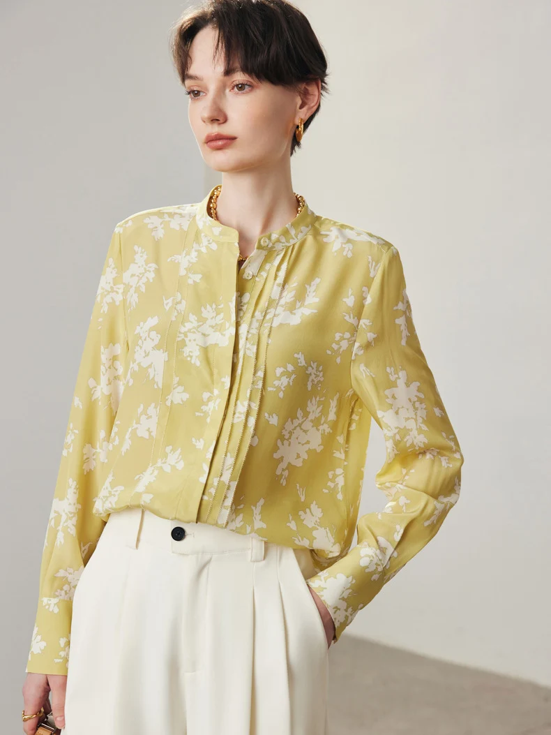 SuyaDream, Women Floral Shirts, 100%Silk Crepe, Stand Collar Collar, Printed Chic Shirts, 2024 Spring Summer Casual Top