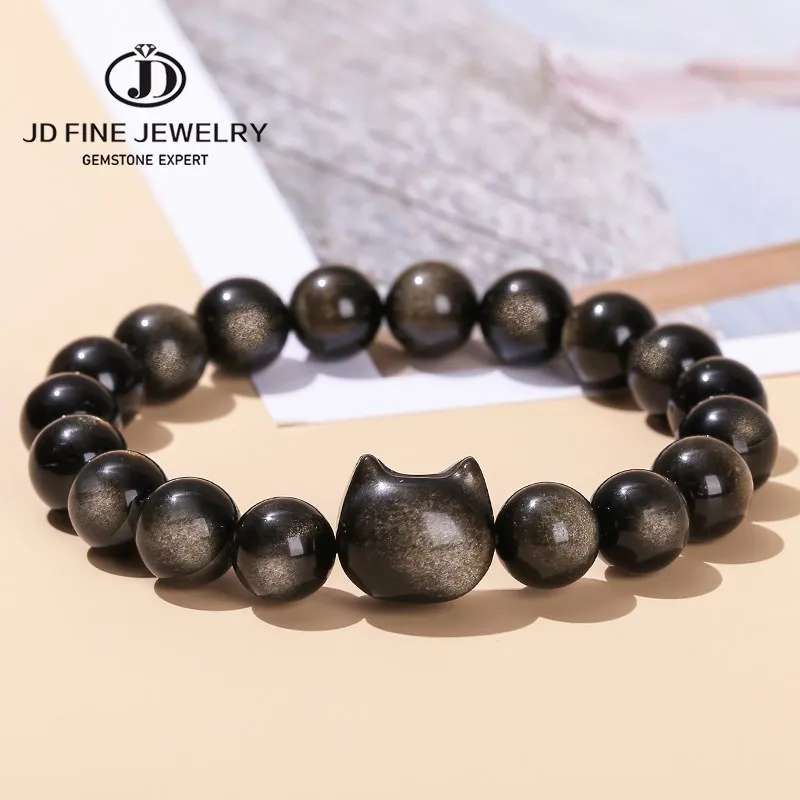 JD 7A Natural Gold Silver Color Shiny Black Obsidian Bead Cat Head Strand Bracelets Women Men Charm Round Bead Energy Bracelet