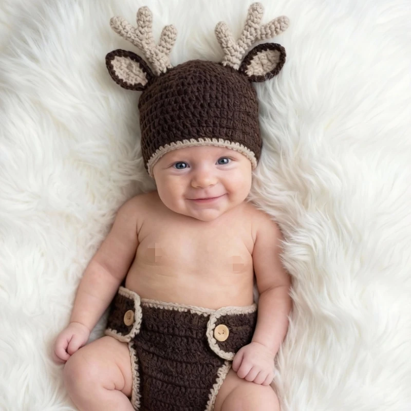 

Реквизит для фотосъемки новорожденных, детский костюм оленя, вязаный комплект из 2 предметов, наряд с милым мультяшным животным, мягкая эластичная одежда для фотосессии младенцев