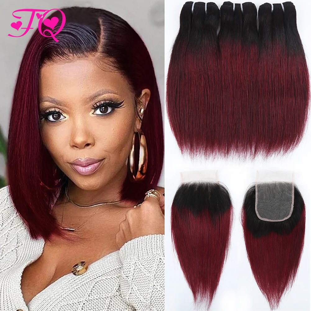 

Ombre Straight Hair 3 Bundles with 4x4 HD Lace Closure (10 10 10+10) Short Brazilian Human Hair Bundles with Closure 50g/Bundles