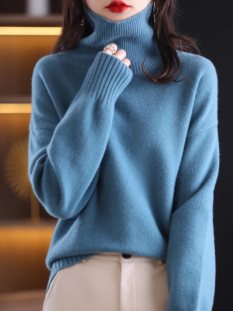 100% Merino Wool Women Sweater High Neck Pullover Loose Knitted Base Jumper Warm Jacket Tops Winter Spring Jerseys New Fashion