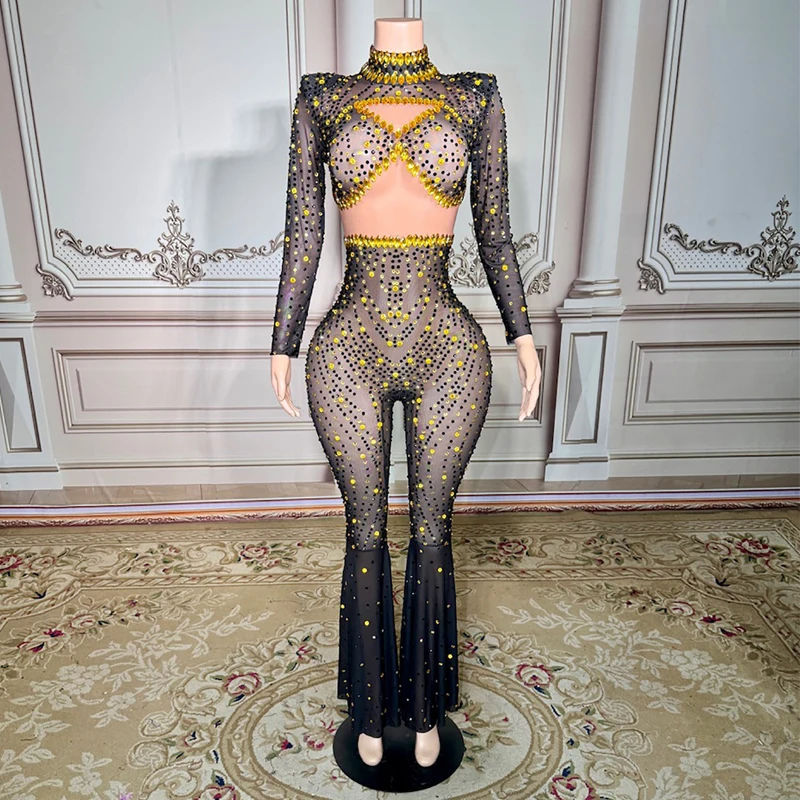 Black Gold Rhinestones Mesh Jumpsuit Women Party Gogo Dancer Costume Bar Nightclub Ds Dj Festival Outfit Stage Pole Wear XS9814