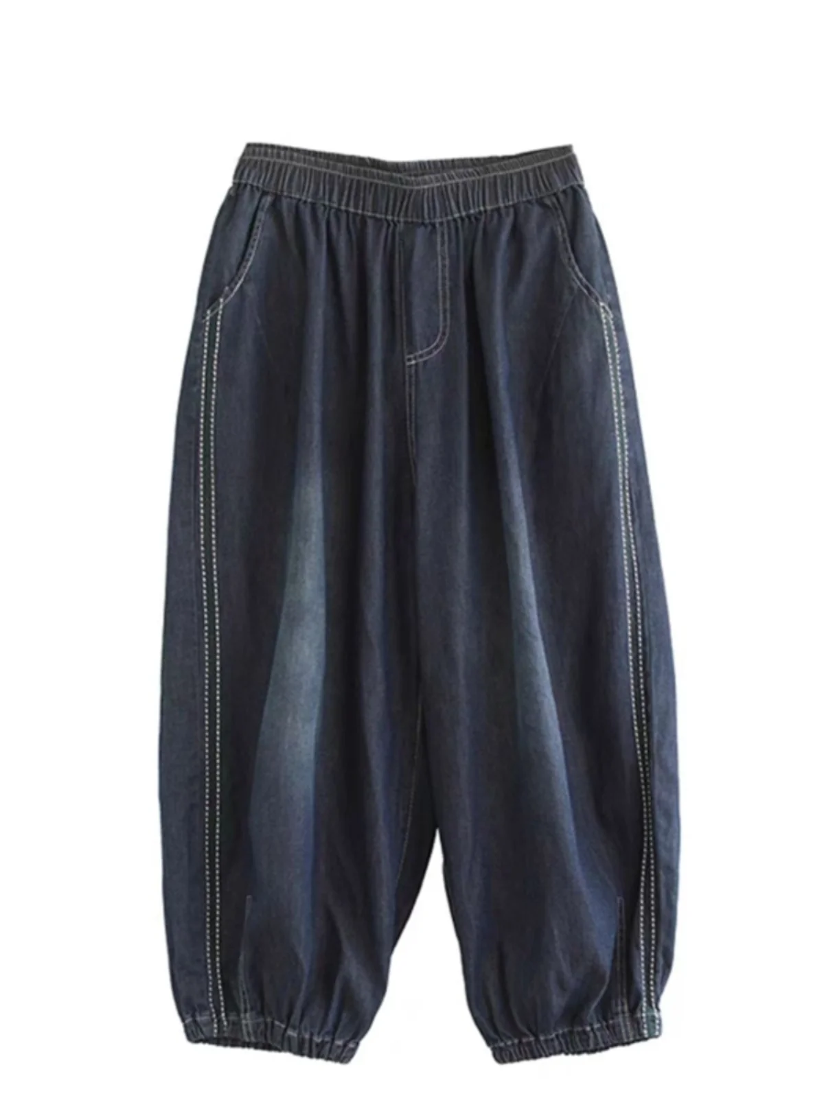 

Retro Full Cotton Waed Denim Pants Women's Summer Elastic Waist Thin Lantern Pants Harlan Pants Blue Nine Points