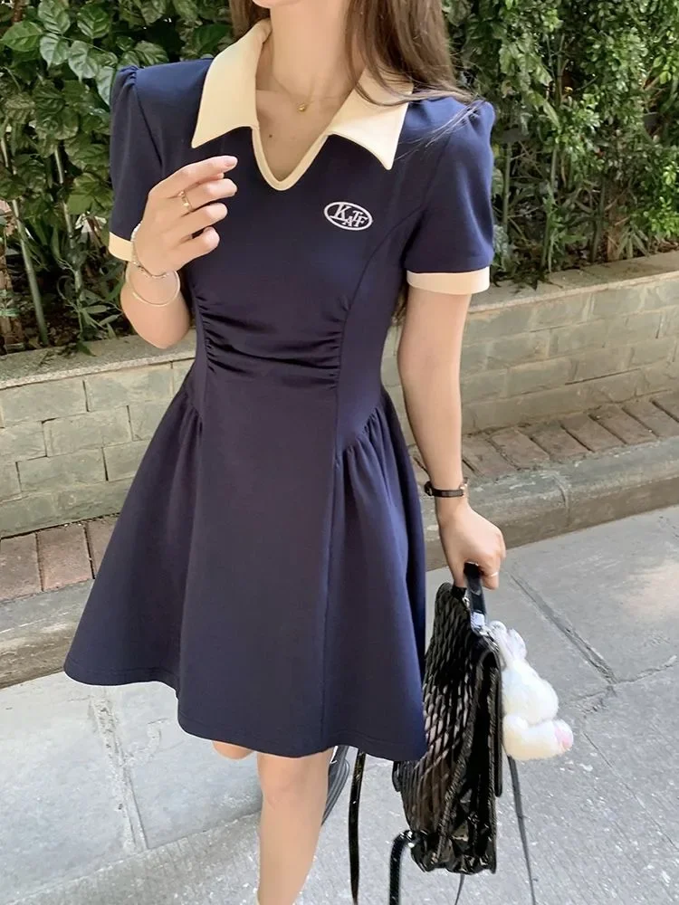 QWEEK Preppy Style School Student Dress Women Sweet Vintage College Polo Long Dresses 2023 Autumn Korean Fashion New in Kpop