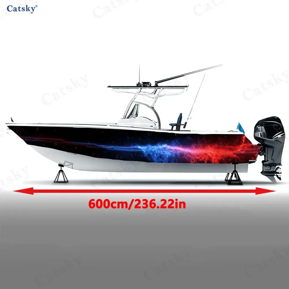 2Pcs Red-Blue Lightning Nebula Boat Stickers, PVC Waterproof Durable Vinyl Wrap Decals for Fishing Boats, Durable Design