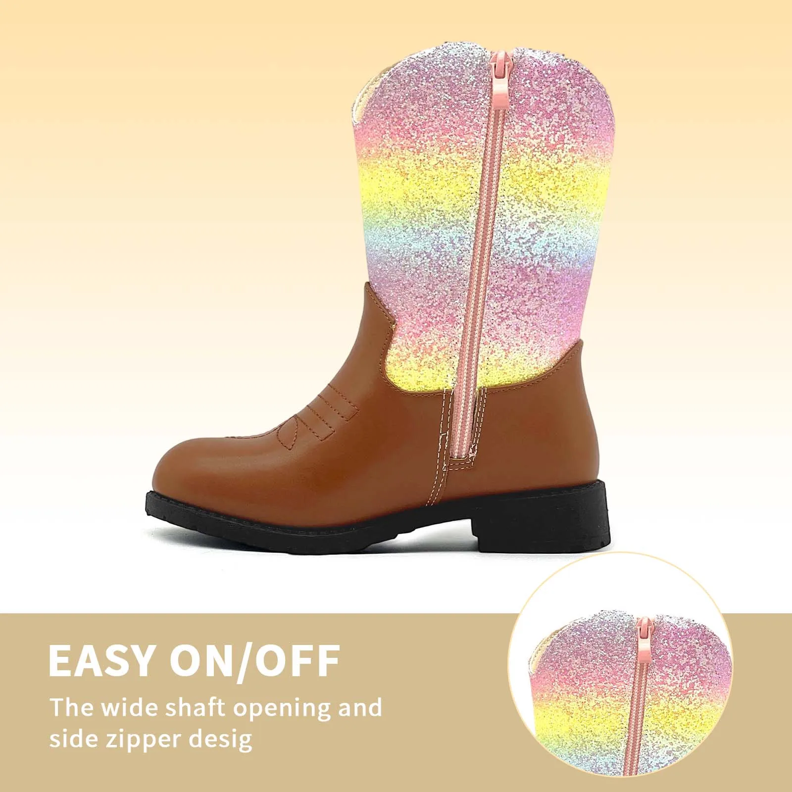 Botas de cowgirl para meninas com glitter, botas de cowboy brilhantes para crianças pequenas, botas de cano médio, sapatos de equitação ocidental para meninas e meninos