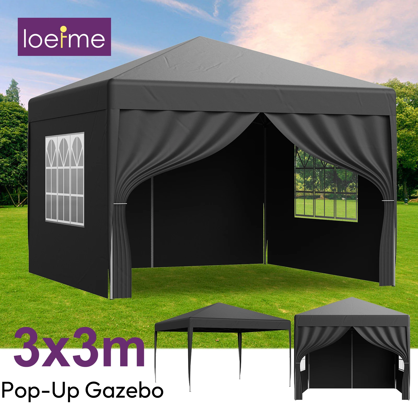 Carpa Plegable LOEFME 3x3M, Impermeable y Resistente al Viento, con 4 Paredes de Tela Extraíbles, Portátil, para Fiestas y Campamentos