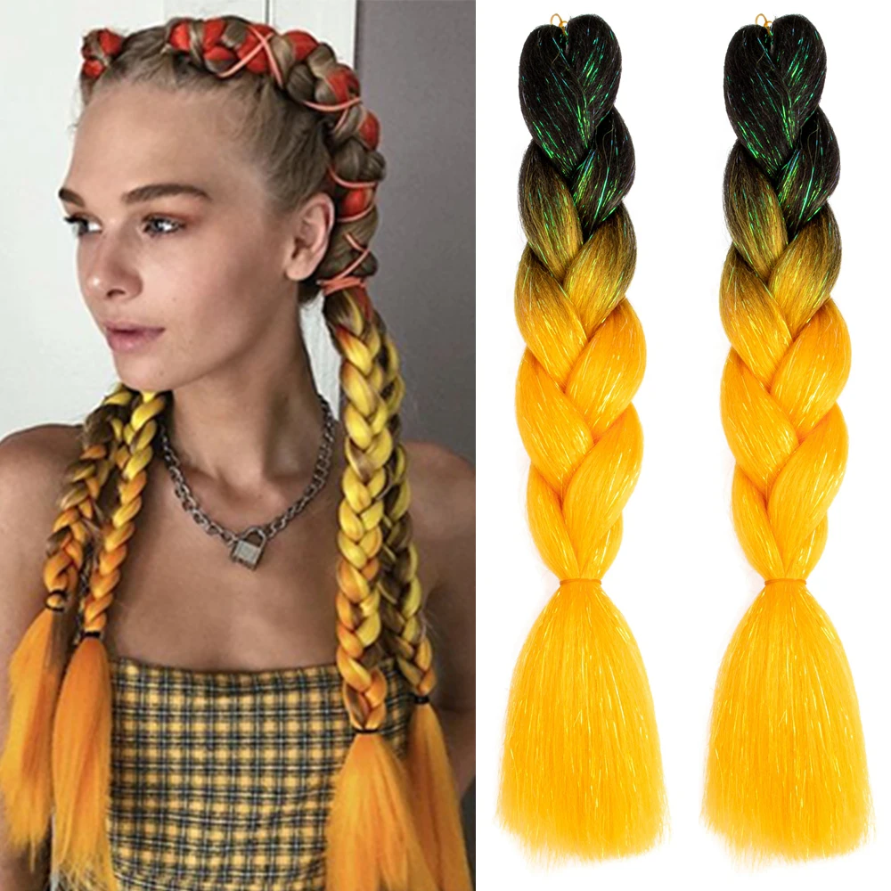 Extensiones de trenzas Jumbo con purpurina sintética para mujer, cabello trenzado de color arcoíris brillante, 24 pulgadas, venta al por mayor, peinado DIY