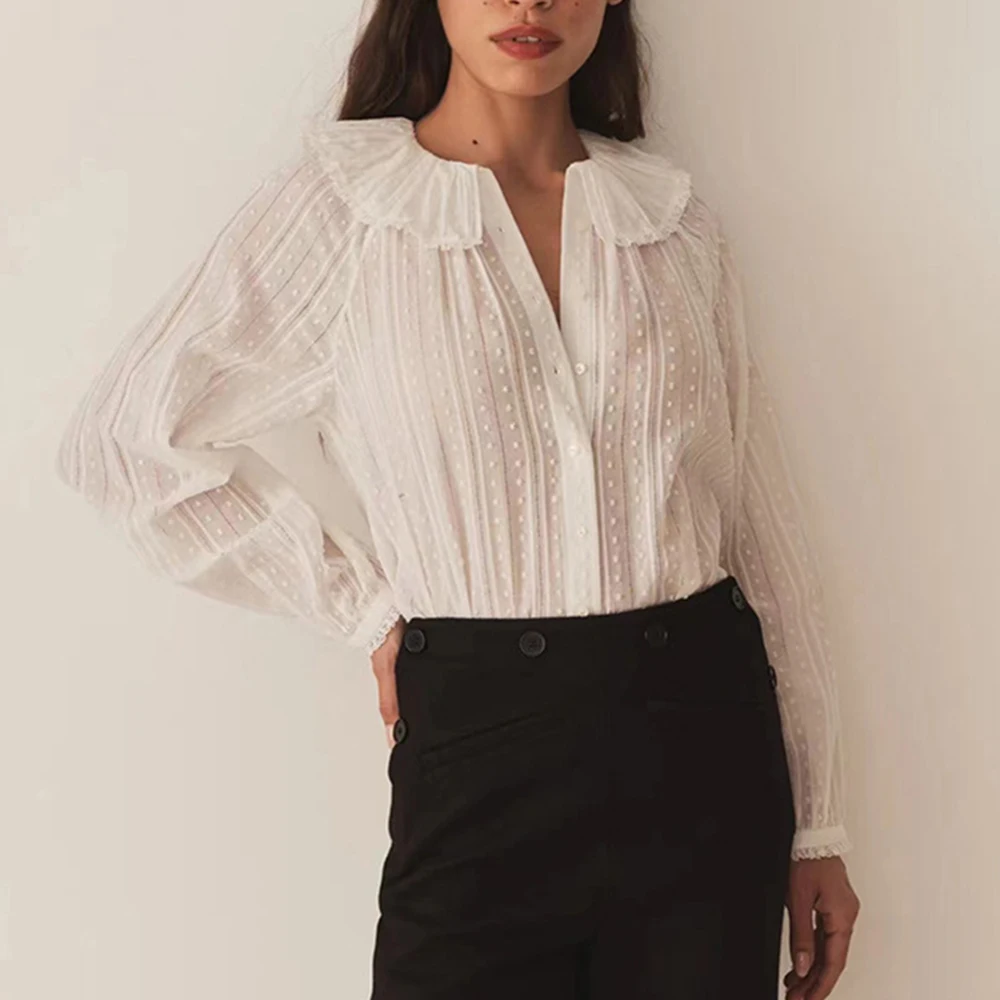 

Рубашка с воротником Питера Пэна и оборками, женская весенне-осенняя кружевная лоскутная рубашка с длинным рукавом, элегантные блузки, рубашки, модные рубашки, топы 2026