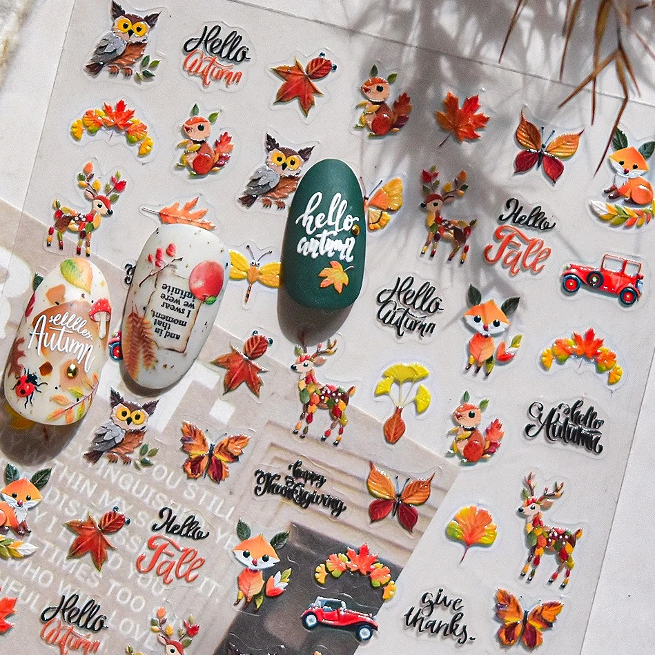 

Fox Mushroom Boot Car Maple Leaf Apple Ginkgo Leaf Owl Pumpkin Autumn Plant Deer Elk Squirrel Dragonfly Nail Art Stickers Decals