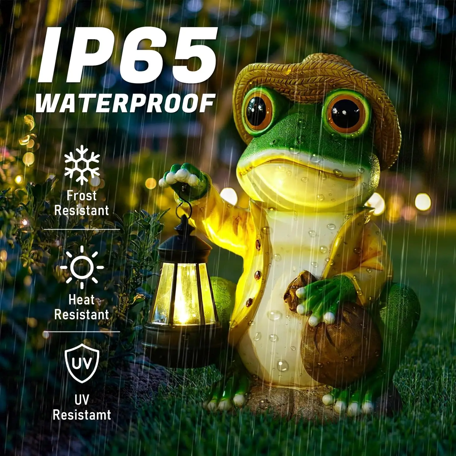 تمثال حديقة الضفدع الذي يعمل بالطاقة الشمسية، بطول 13.3 بوصة، ديكور خارجي من الراتنج مع فانوس للفناء والساحة