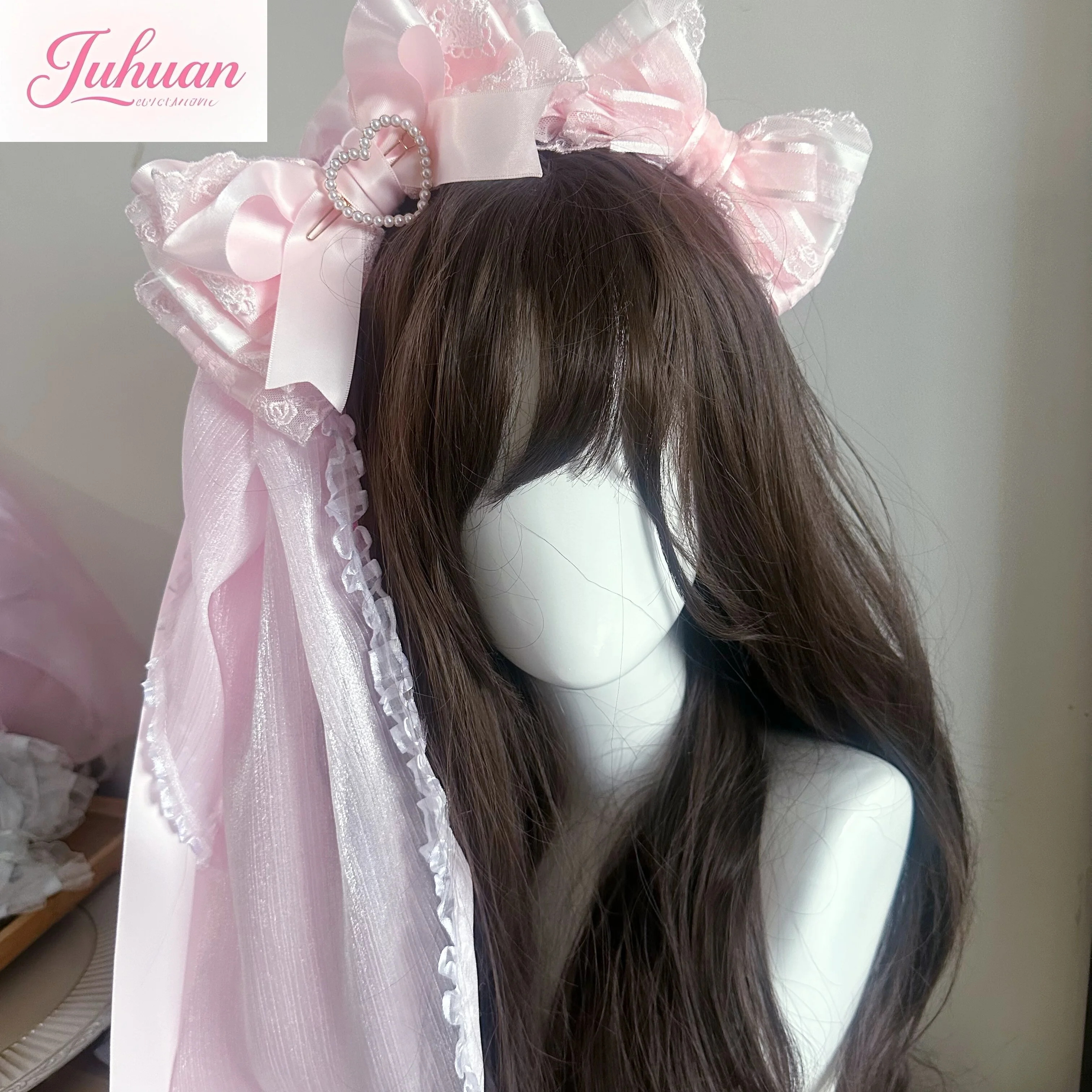 

Original Lolita handmade pink and white veil big bow headband Lolita kc Showa lovers flower wedding hair accessories soft girl