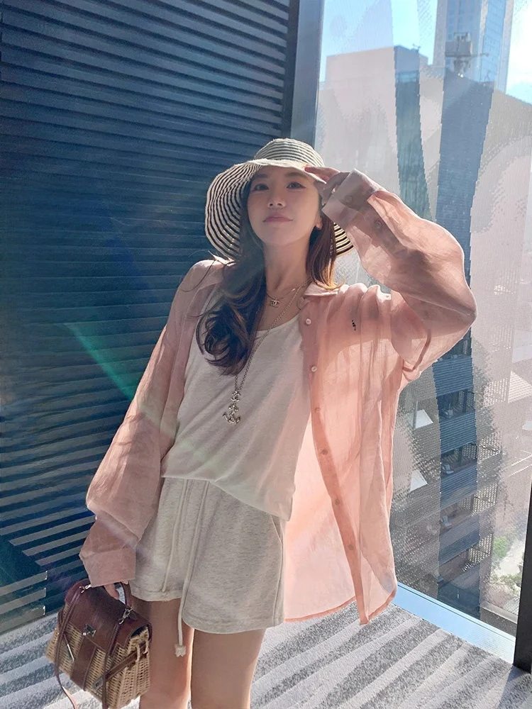 

Дышащая легкая однотонная льняная рубашка свободного кроя с длинным рукавом и воротником на пуговицах для женщин