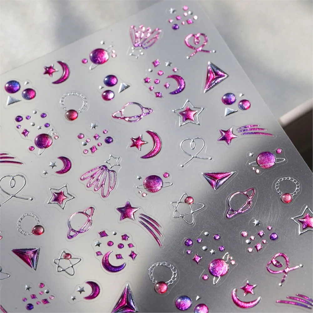 1PCS 5D 엠보싱 별 달 행성 네일 스티커 보라색 별빛 하늘 추상 네일 아트 데칼 셀프 접착 드림리 매니큐어 슬라이더