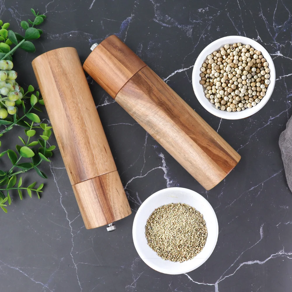 

8 inch Adjustable Acacia Wood Salt And Pepper Grinder Multifunctional Wooden Manual Mills Kitchen Tools