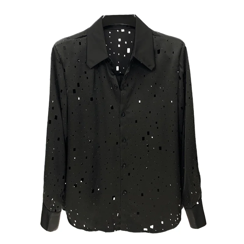 2024 New Personality Distressed Shirt Handsome Men's Korean Version Trendy Design Heavy-duty Rhinestone Casual Breathable Shirt