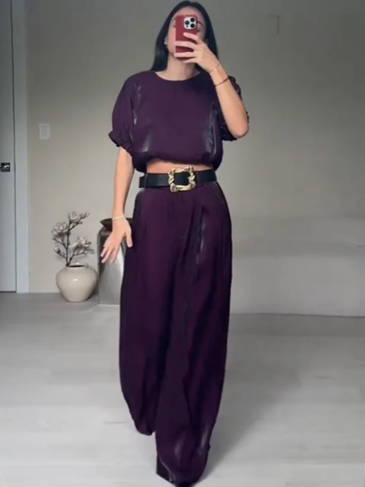 HH Damen Satin-Hosenanzug Kurzarm Rundhals Ballon-Design Herbst-Oberteil + Lose Hochgeschnittene Hose mit Gürtel Dekoriert Einfarbig