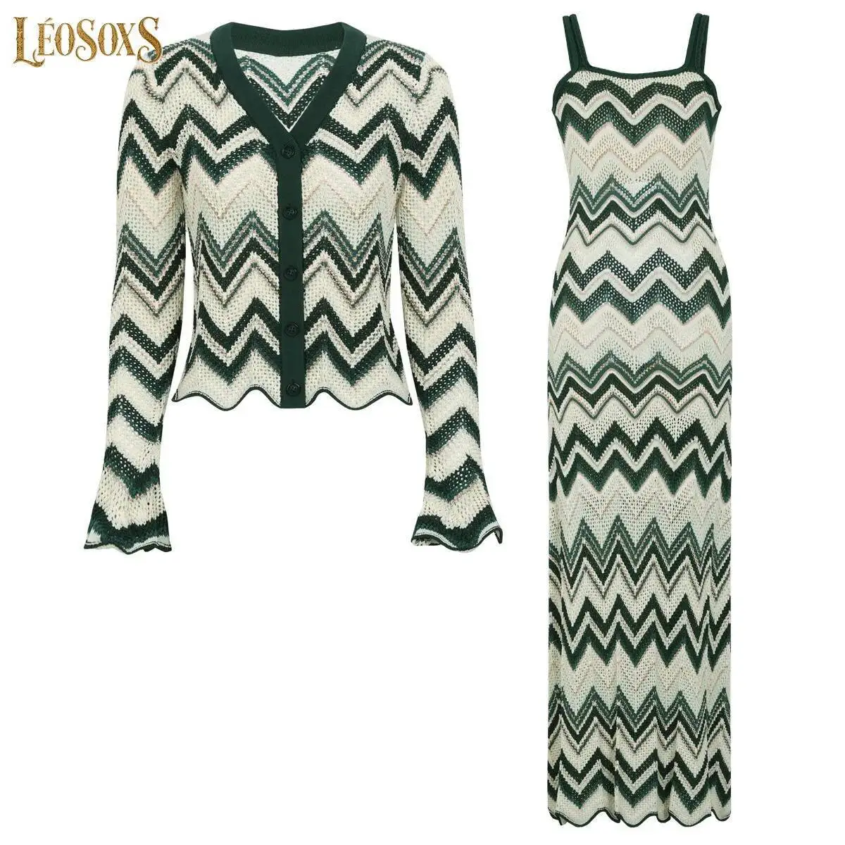 

LEOSOXS Women's 2 Piece Chevron Knit Dress Set Flare Sleeve Cardigan + Sleeveless Maxi Dress Elegant Summer Beach Outfit
