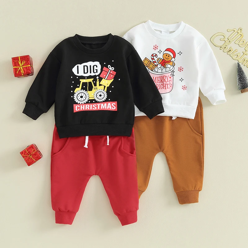 

2023-08-15 Lioraitiin 0-3Years Toddler Boys Pants Sets Long Sleeve Letter Print Sweatshirt and Drawstring Pants Christmas Sets