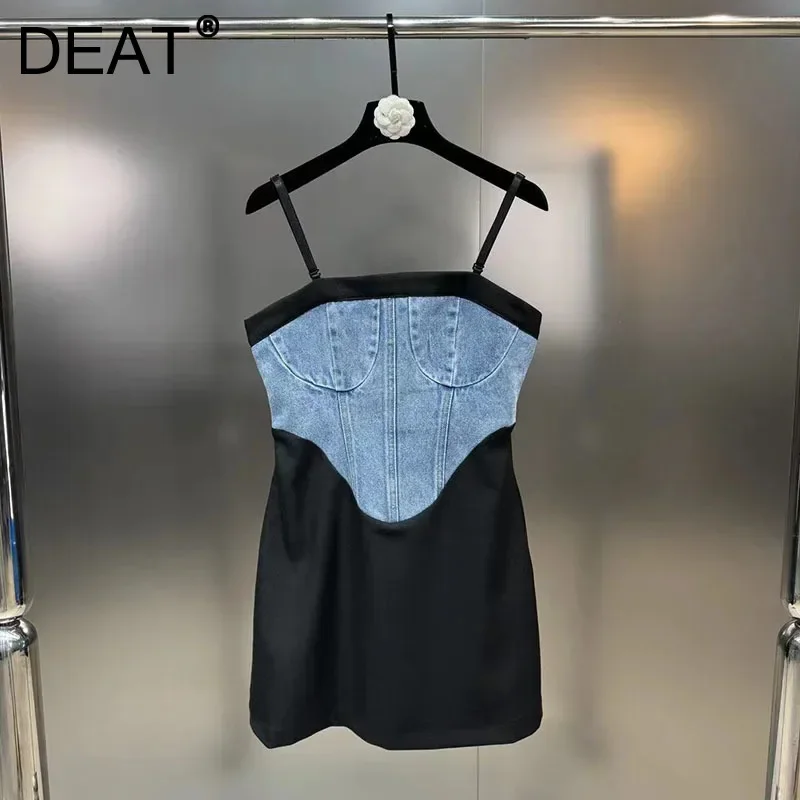 DEAT Shoulder Strap Detachable Denim Splice Dresses For Women 2024 Summer New Fashion Versatile Suspenders Dress Female 11XX9233