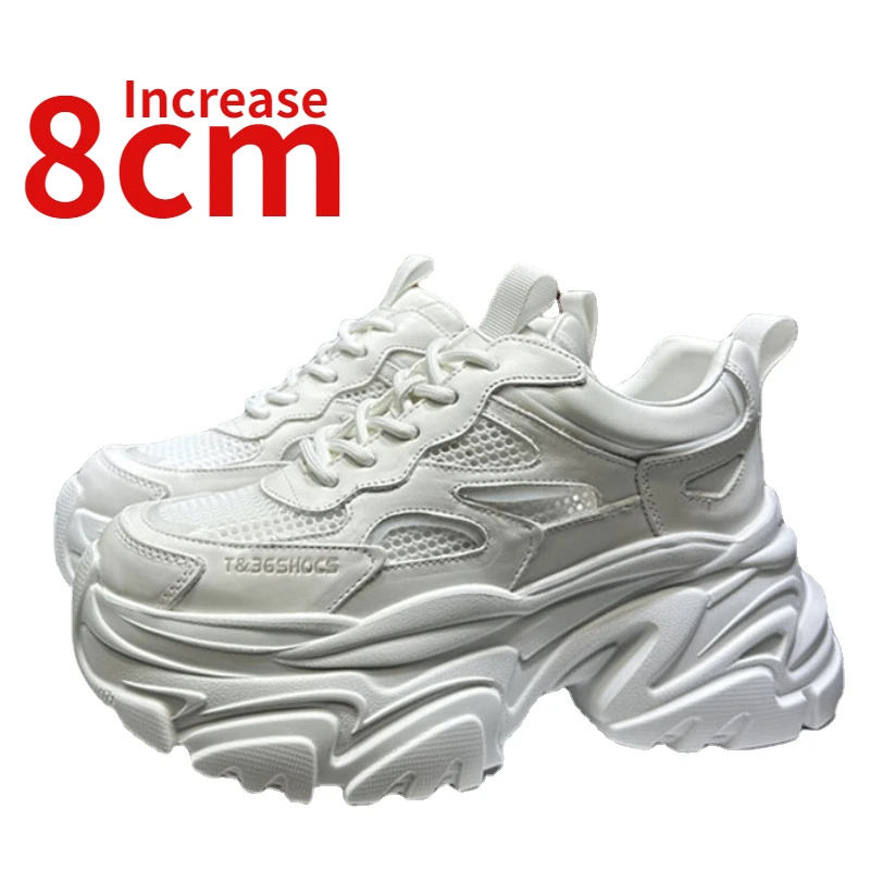 European/American Summer Hollow Breathable Design Casual Shoes for Women Genuine Leather Increased 8cm White Sports Dad's Shoes