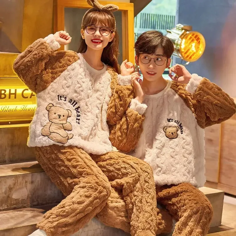 New Cute Cartoon Loungewear Set Coral Fleece Couple Sleepwear Women Autumn Winter Thickened Pajamas Men's Home Clothes Suit