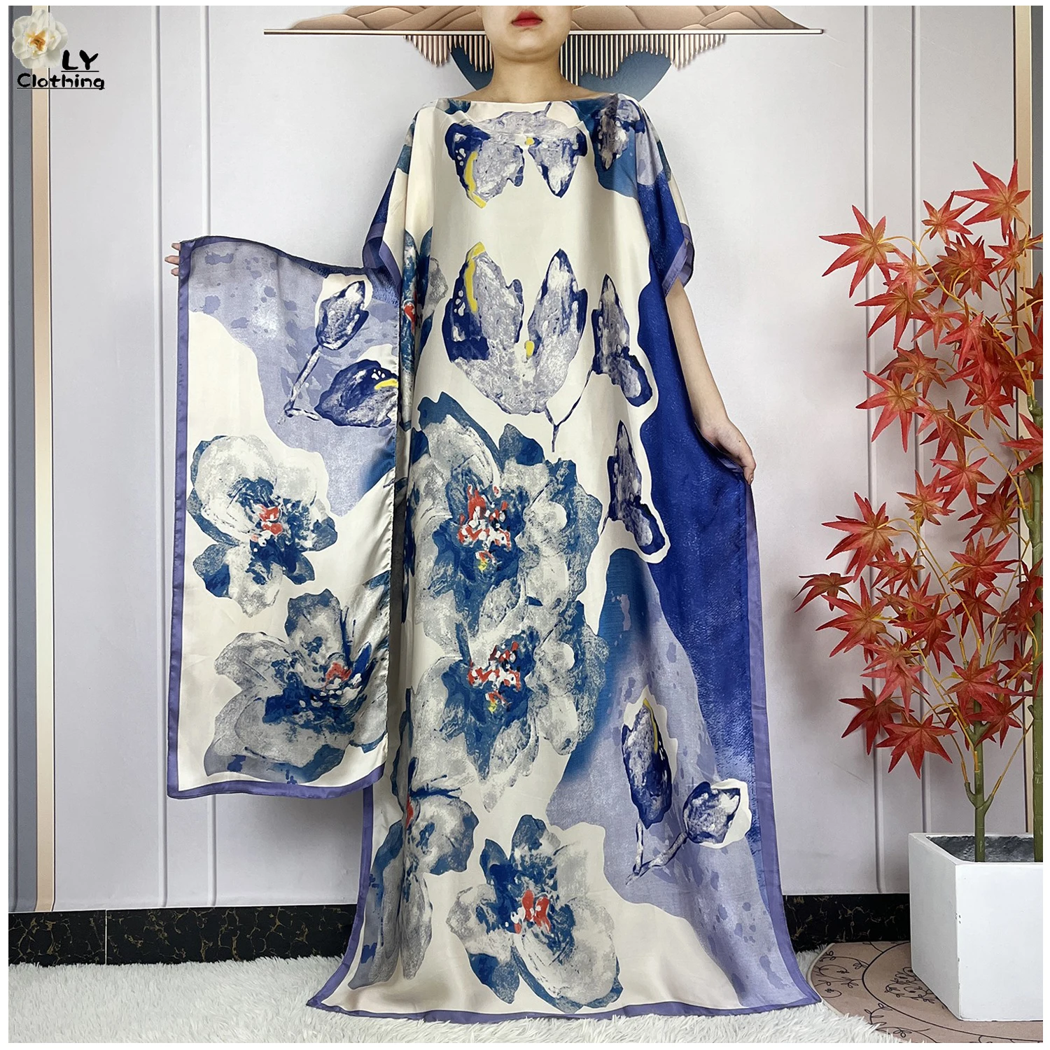 

New African Dashiki Fashion Print Maxi Kaftan Dress Elegant Femme Long Dress Batwing Sleeve Loose Silk Abaya Women's Clothing