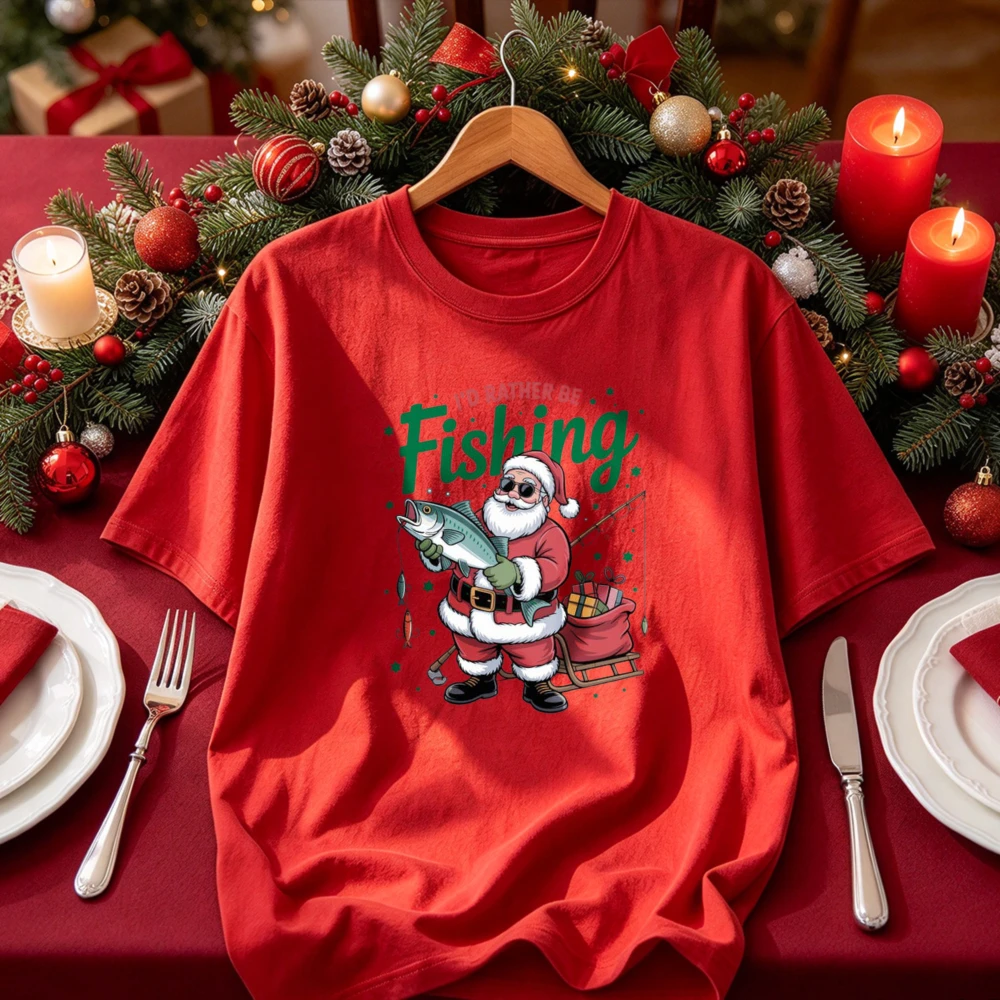 Funny I'd Rather Be Fishing Christmas T-Shirt Men Santa Claus Sunglasses Graphic Tee Cotton Short Sleeve White Holiday Top Gift