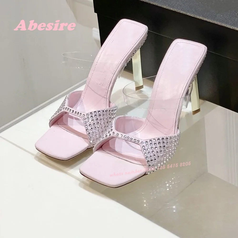 

Pink Square Toe Glossy Slippers One Strap Crystals Strange Style Women's Slippers Cut Out Solid Rhinestone Luxury Shoes Sexy