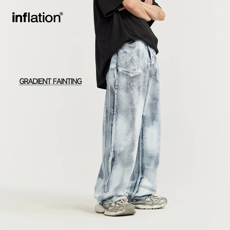 Inflation Gradient gefärbt gewaschen weites Bein Jeans Männer Streetwear Distressed Denim Hosen