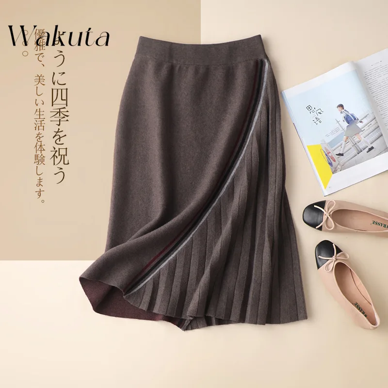 WAKUTA Japanese Autumn Winter Half-body Skirt Chic Color Blocking Temperament Commuting Medium-length Pleated Office Lady Skirt