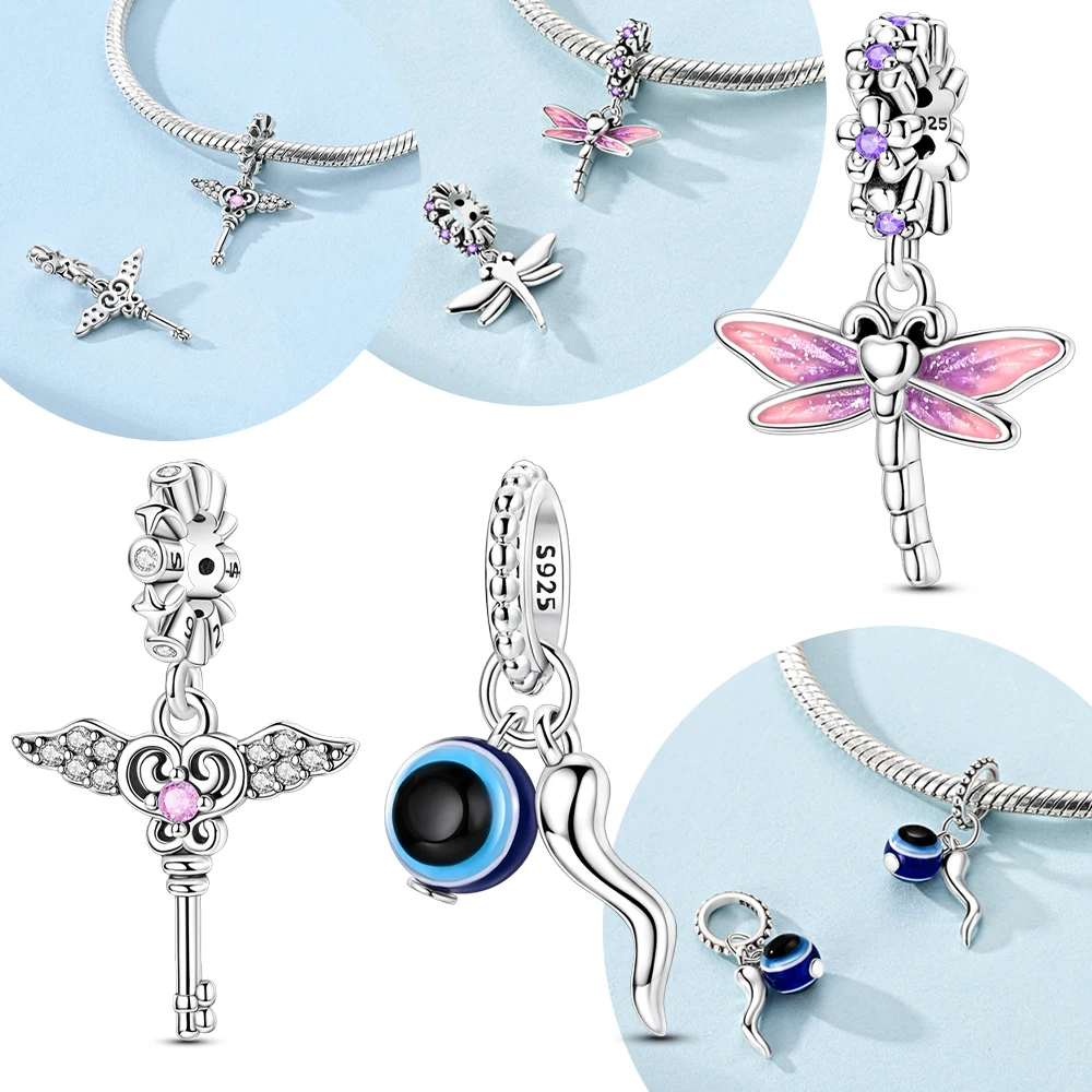 

Original 925 Silver Pink Dragonfly Pendant Demon Eye Heart Key Wings Charms Bead Fit Bracelet Women Jewelry Accessory Fine Gift