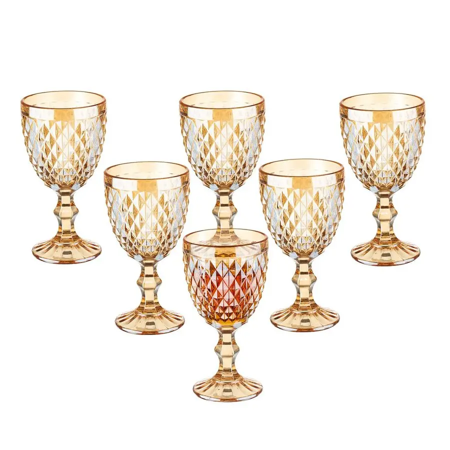 

Wine Glasses Set of 6, 10 Ounce Colored Glass Water Goblets, Unique Embossed Pattern High Clear Stemmed Glassware Wedding Party