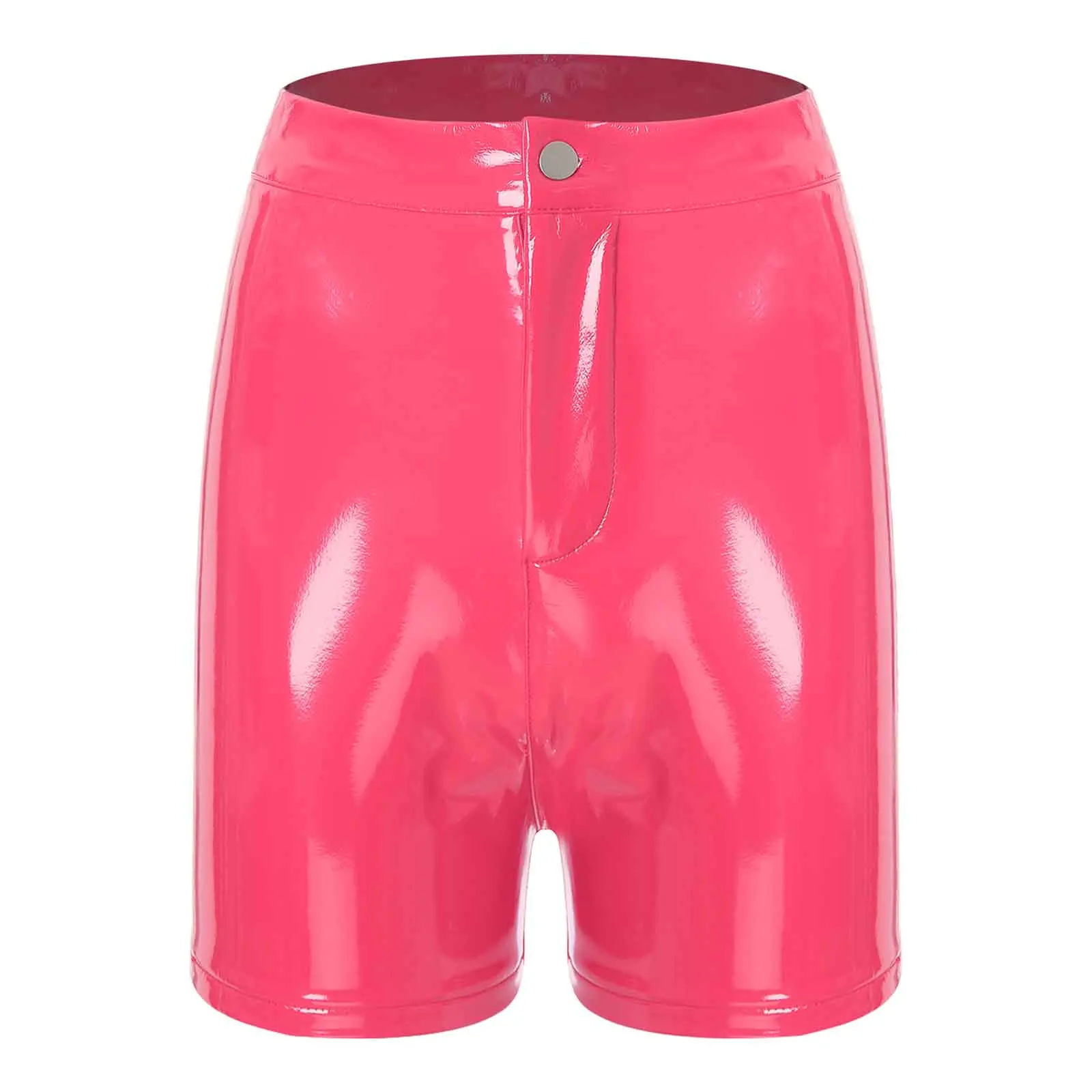 Sissy Women PU Leather Shorts Summer Party Club Bar Play Shorts Cool High Waist Straight Button Smooth Glossy Micro Hot Shorts