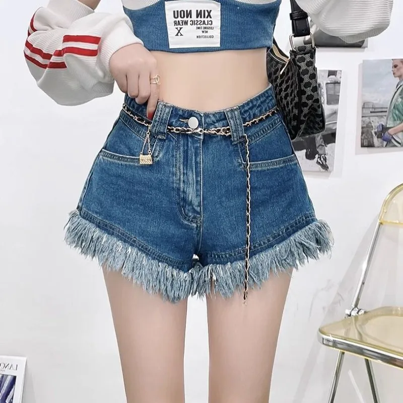 Pantalones cortos de mezclilla con flecos rugosos, pantalones vaqueros de cintura alta para mujer, novedad de verano, diseño Sexy Y2k, pantalones cortos con botín, pantalones calientes