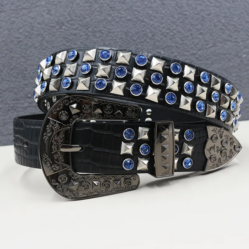 men's luxury fashion diamond studded belts soft leather rivets belt hip hop rock rhinestone waistband womens designer strapon