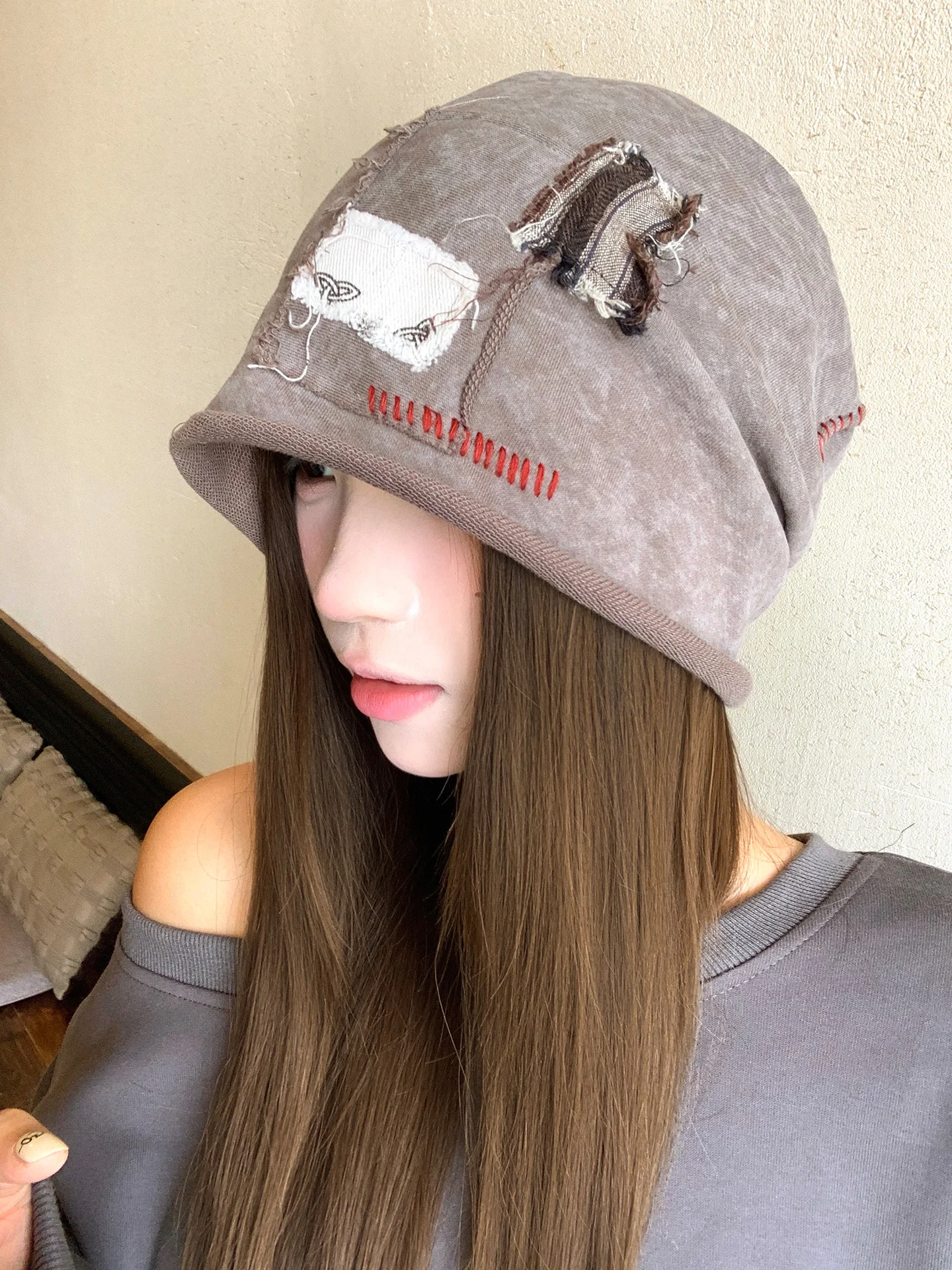 Retro American Street Style Worn-look Patch Thin Summer Cold Cap Women's Bucket Hat Casual round Top Non-Adjustable Foldable